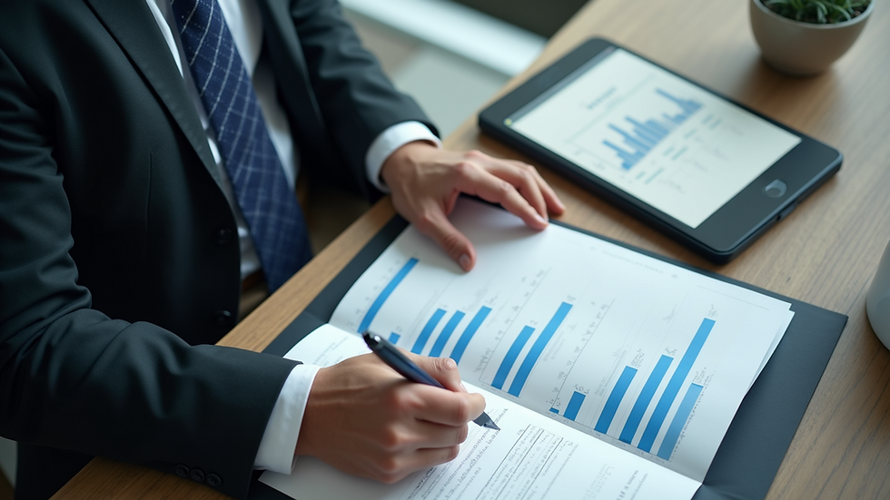 High angle view of a business leader reviewing audit reports with a confident posture