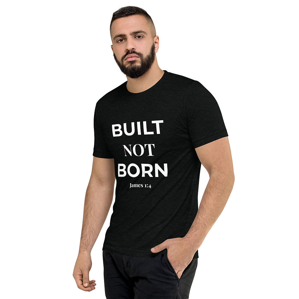 Man wearing black Built Not Born tee shirt, James 1:2-4 True Form Apparel