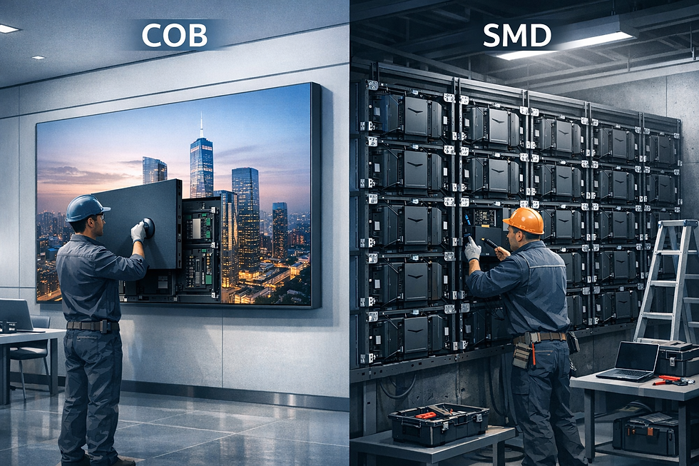 COB and SMD LED display installation: comparing cabinet structure, maintenance logic, and engineering application.