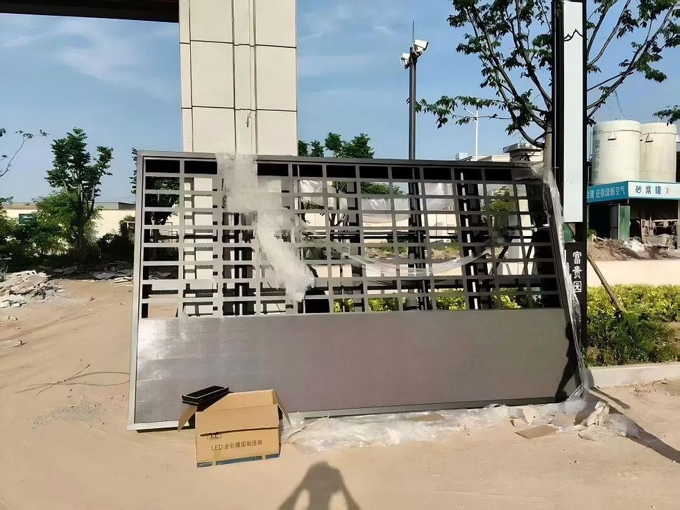 Outdoor LED display cabinet positioned on site for lifting preparation and double-column alignment.