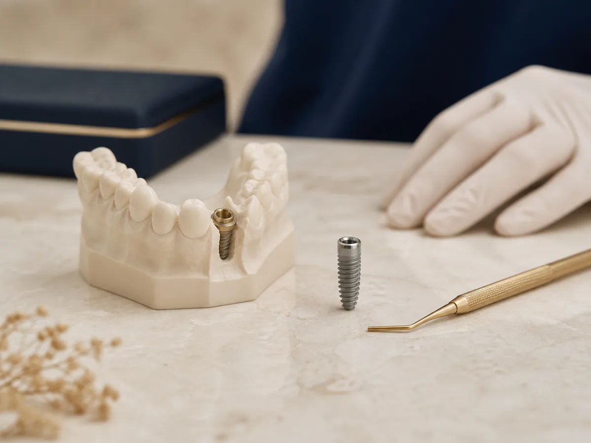 Composição ilustrativa com modelo odontológico e implantes