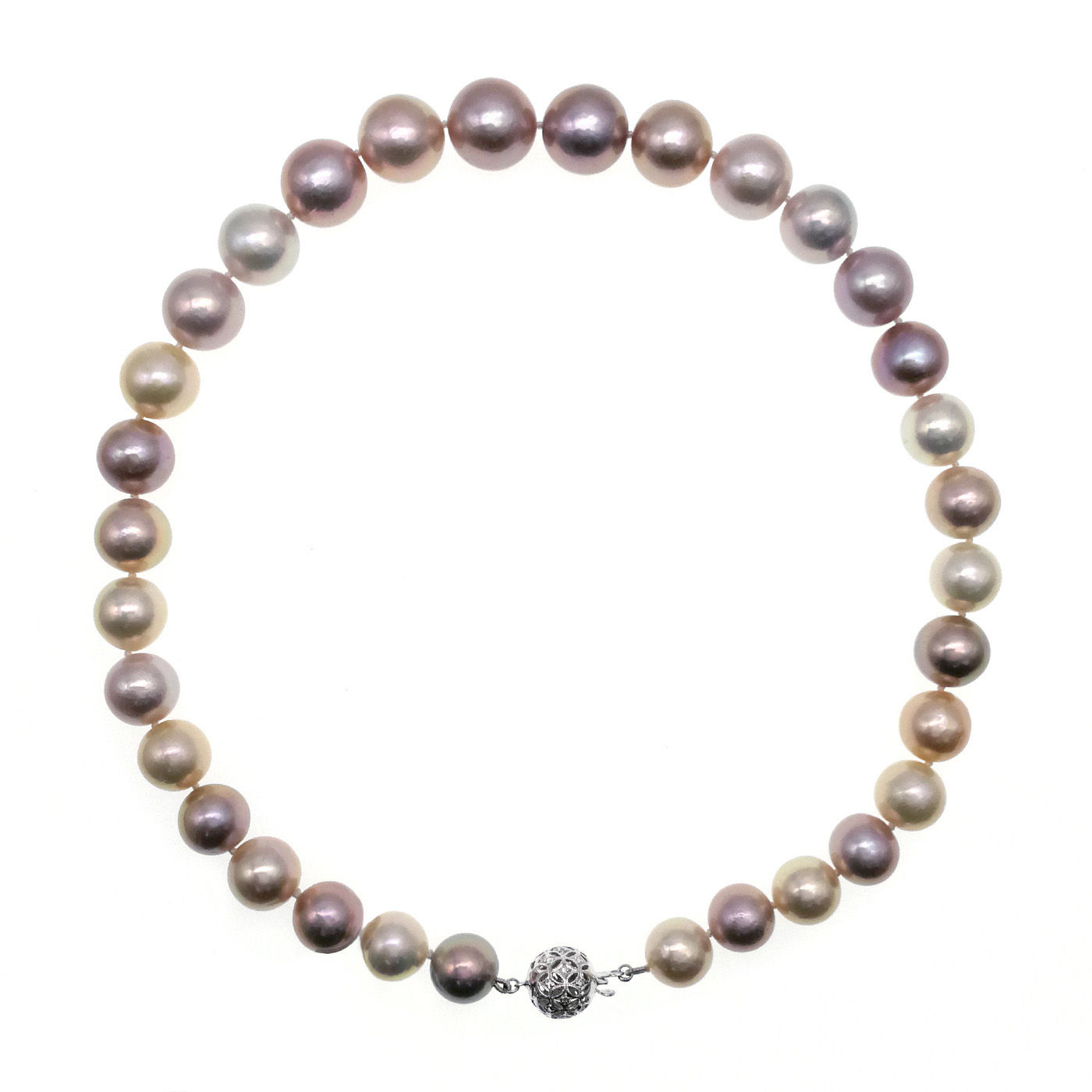 Classic-14K白金鑽石扣配11-15mm天然色淡水珍珠頸鍊