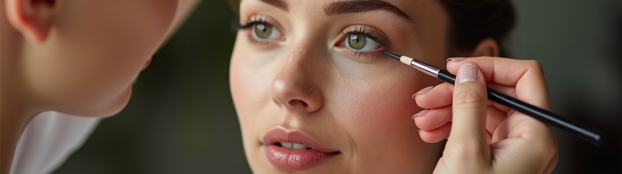 Eine Nahaufnahme einer Visagistin, die mit einem Pinsel sanft Make-up auf das Gesicht eine