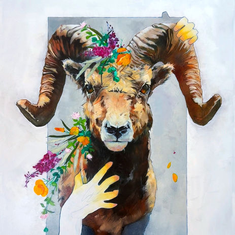 oil painting of a ram with hands holding on to its horns with orange and pink flowers around its neck.