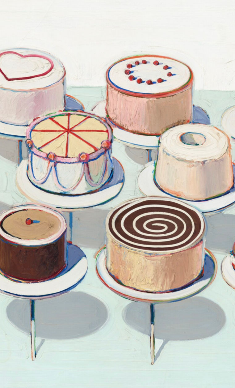 a painting of colorful cakes by Thiebaud