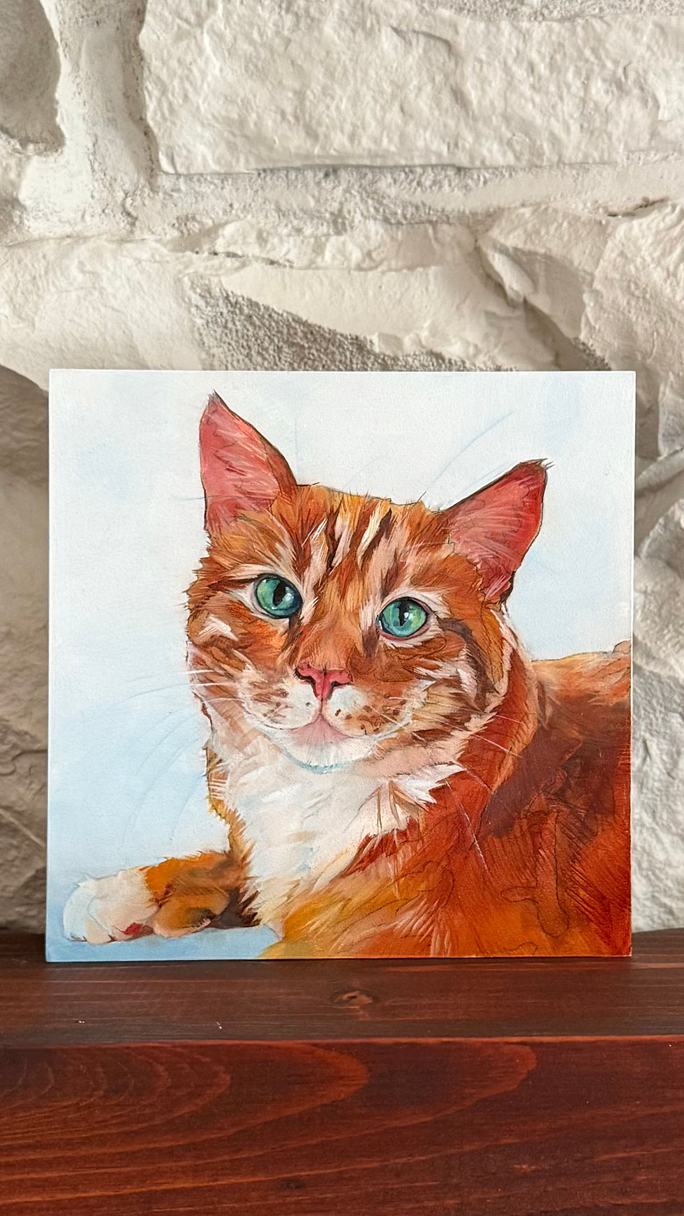 an orange male tabby cat with thumbs against a light blue background