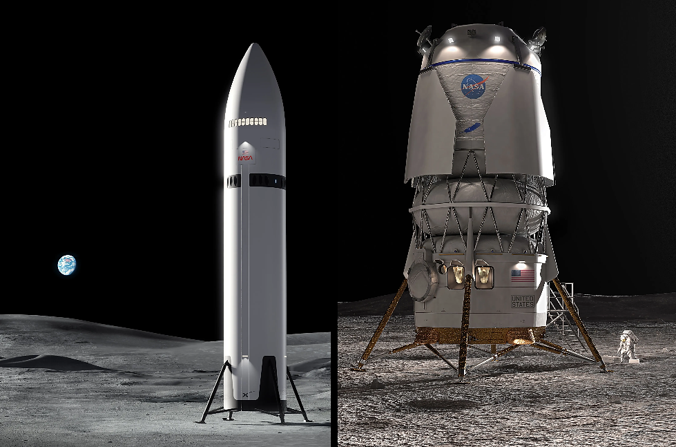 Two lunar spacecraft on moon's surface, Earth in distance