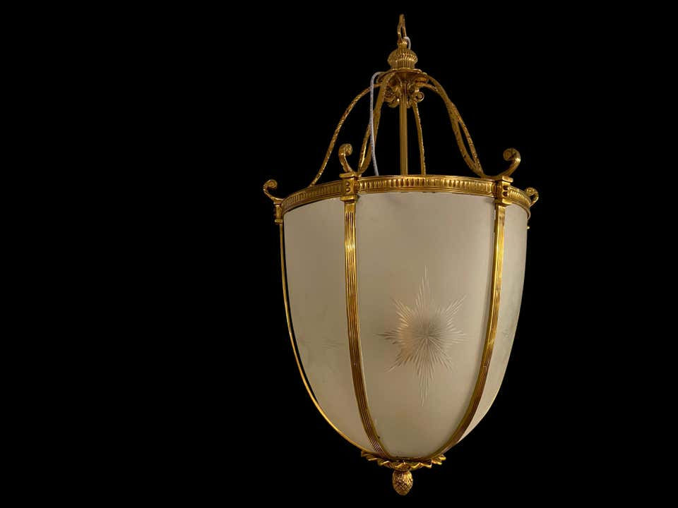 Thumbnail: 20th Century Large Hanging Frosted Glass and Ormolu Lantern