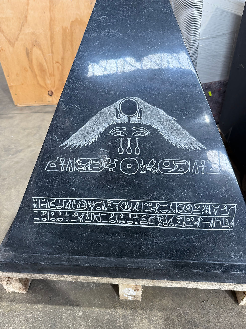 Thumbnail: Black Granite Egyptian Revival Pyramid Sculpture with Engraved Hieroglyphic
