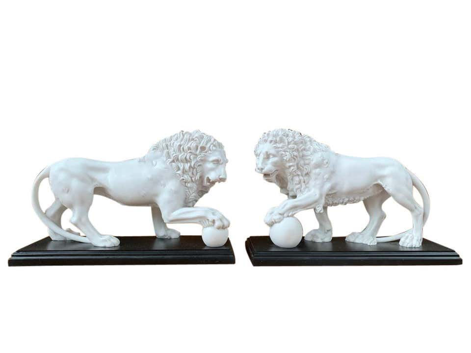 Thumbnail: Pair of Marble Lion Gatekeeper Statues, Large Cat Castings