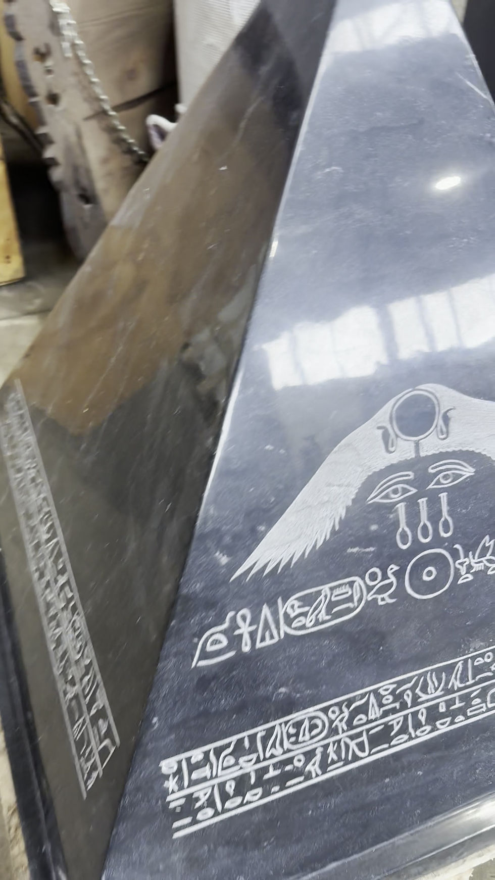 Thumbnail: Black Granite Egyptian Revival Pyramid Sculpture with Engraved Hieroglyphic