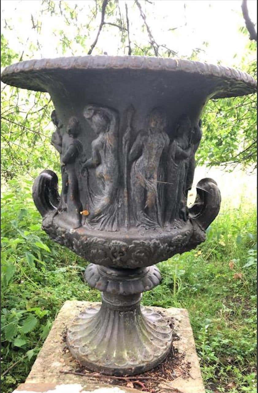 Thumbnail: Pair of 19th Century Weathered Cast Iron Urns