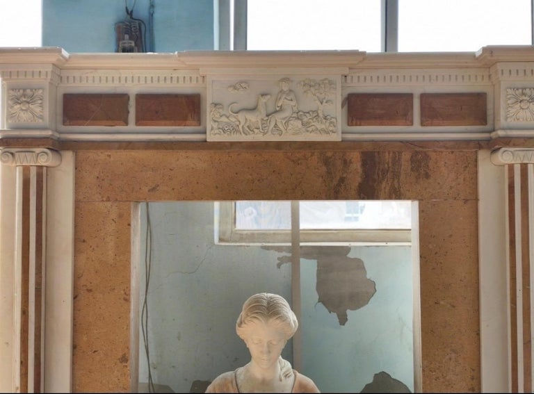Thumbnail: Elegant Neoclassical Marble Fireplace Mantle with Terracotta Inlay