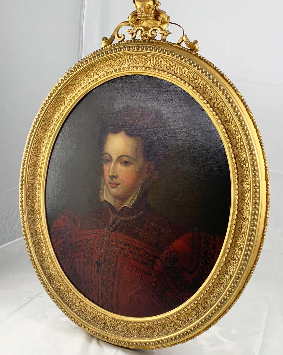 Thumbnail: 19th Century Continental Oil On Canvas Of A Lady In 16th Century Dress