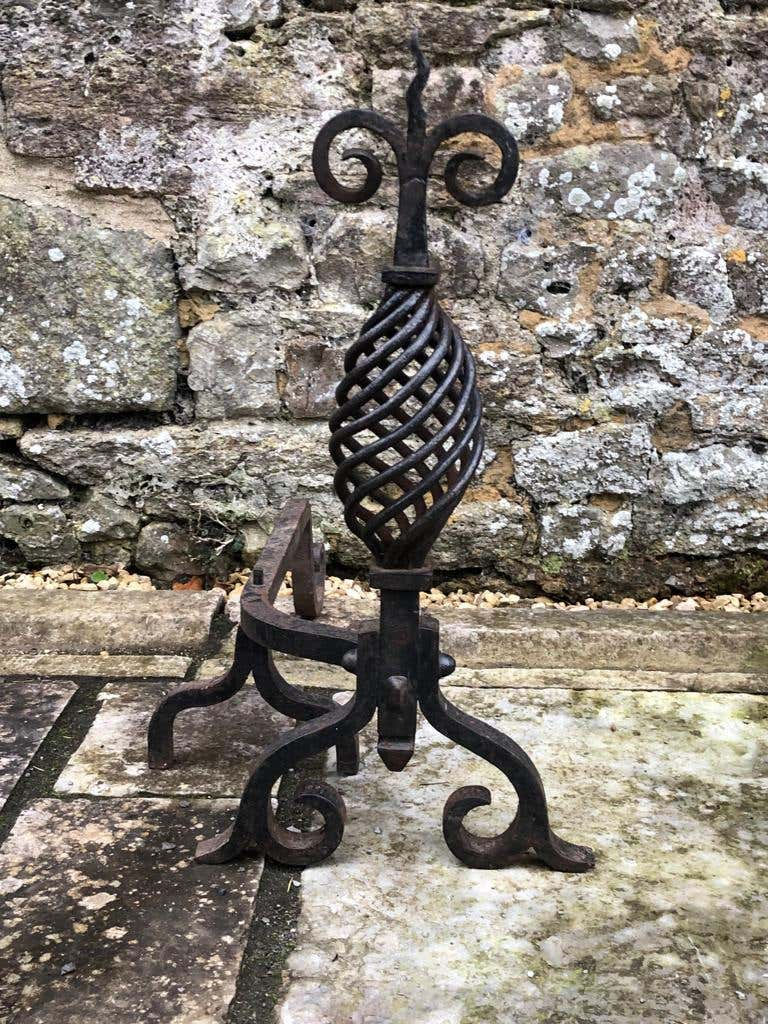 Thumbnail: 19th Century Handwrought Iron Gothic Fireplace Andirons Firedogs