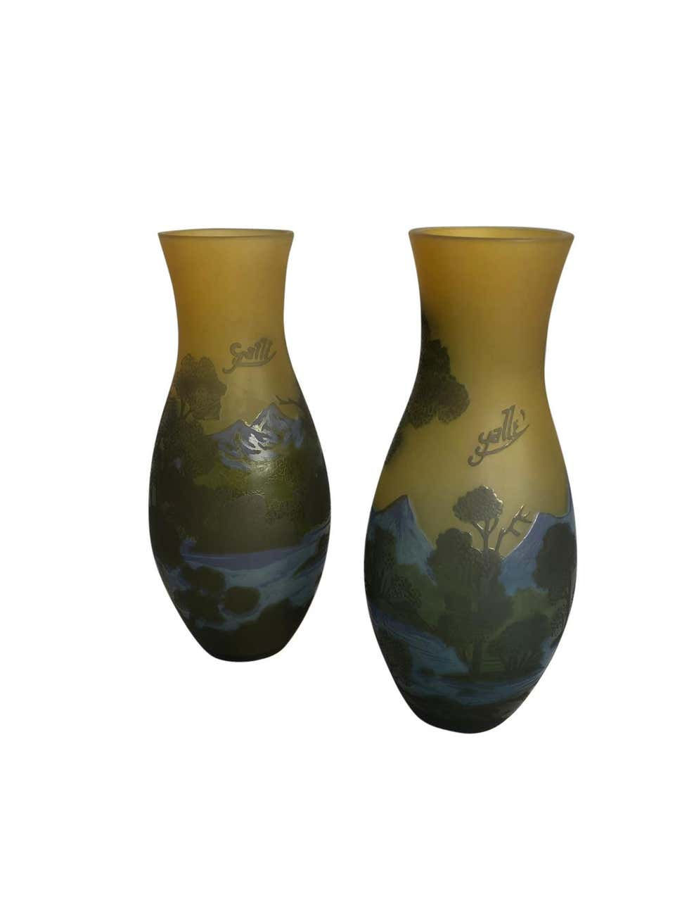 Thumbnail: Pair of Emile Galle-Style Cameo-Cut Glass Vases, 20th Century