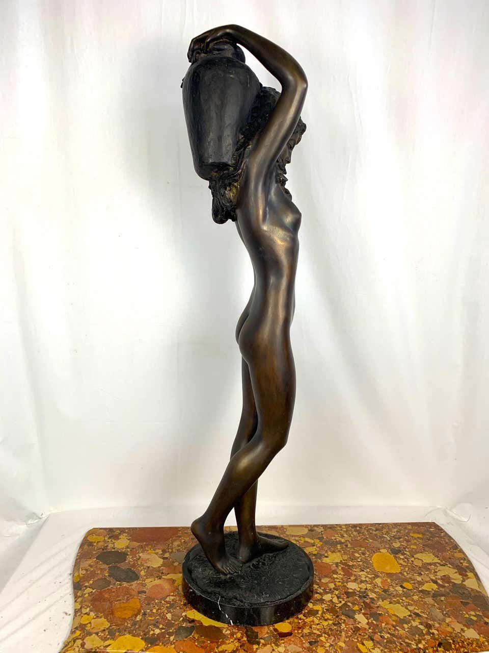 Thumbnail: 20th Century Large Bronze Sculpture of a Nude Young Lady Carrying a Water Urn