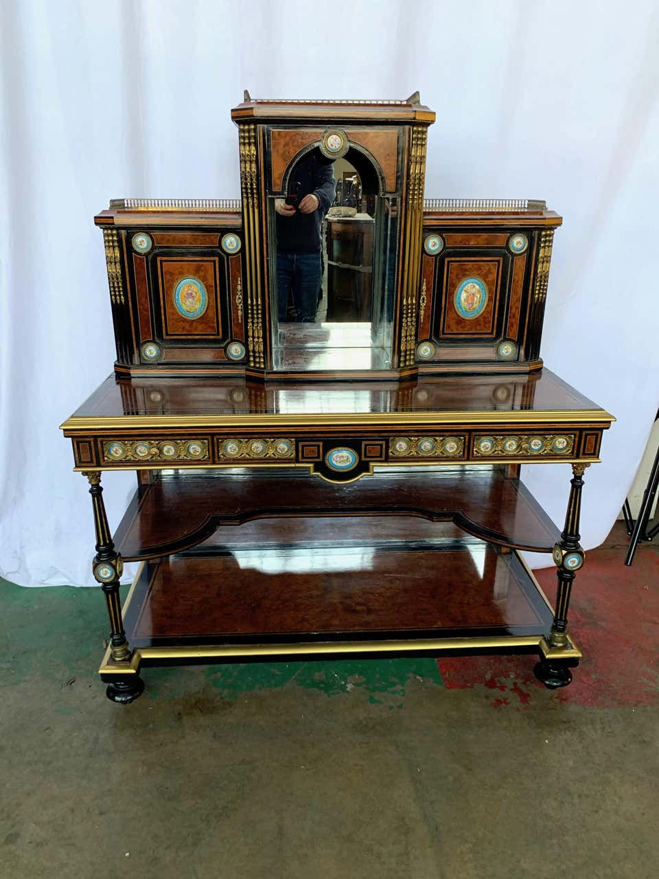 Thumbnail: 19th Century French Kingwood and Porcelain Mirrored Cabinet on Stand