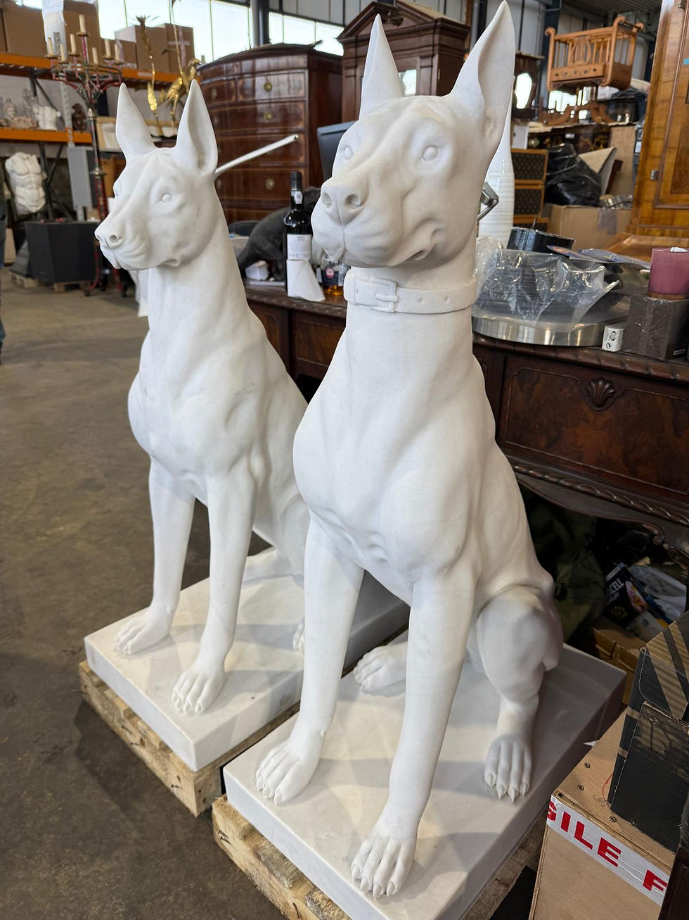 Thumbnail: Pair of Monumental Hand-Carved White Marble Doberman Statues