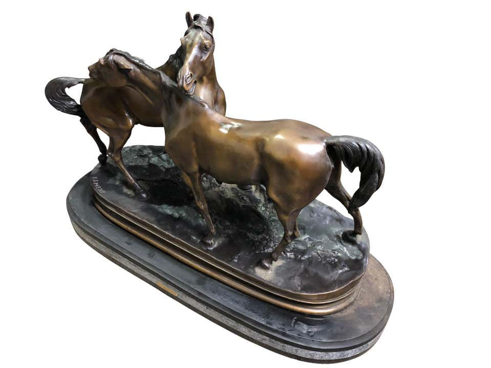 Thumbnail: French Patinated Miniature Bronze Figure of Two Horses by P.J. Mene