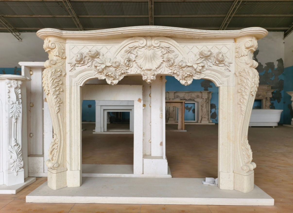 Lavish French Rococo Style Carved Fireplace Mantle with Floral Garland