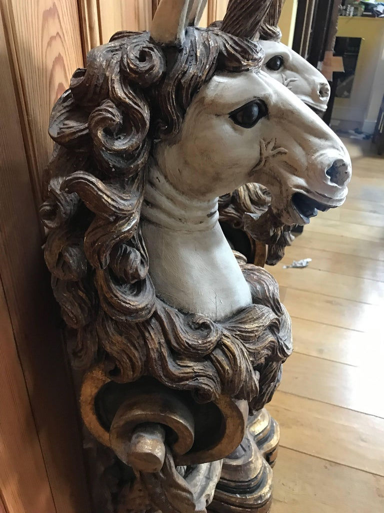 Thumbnail: Pair of 19th Century Polychrome Giltwood Carved Unicorn Stands