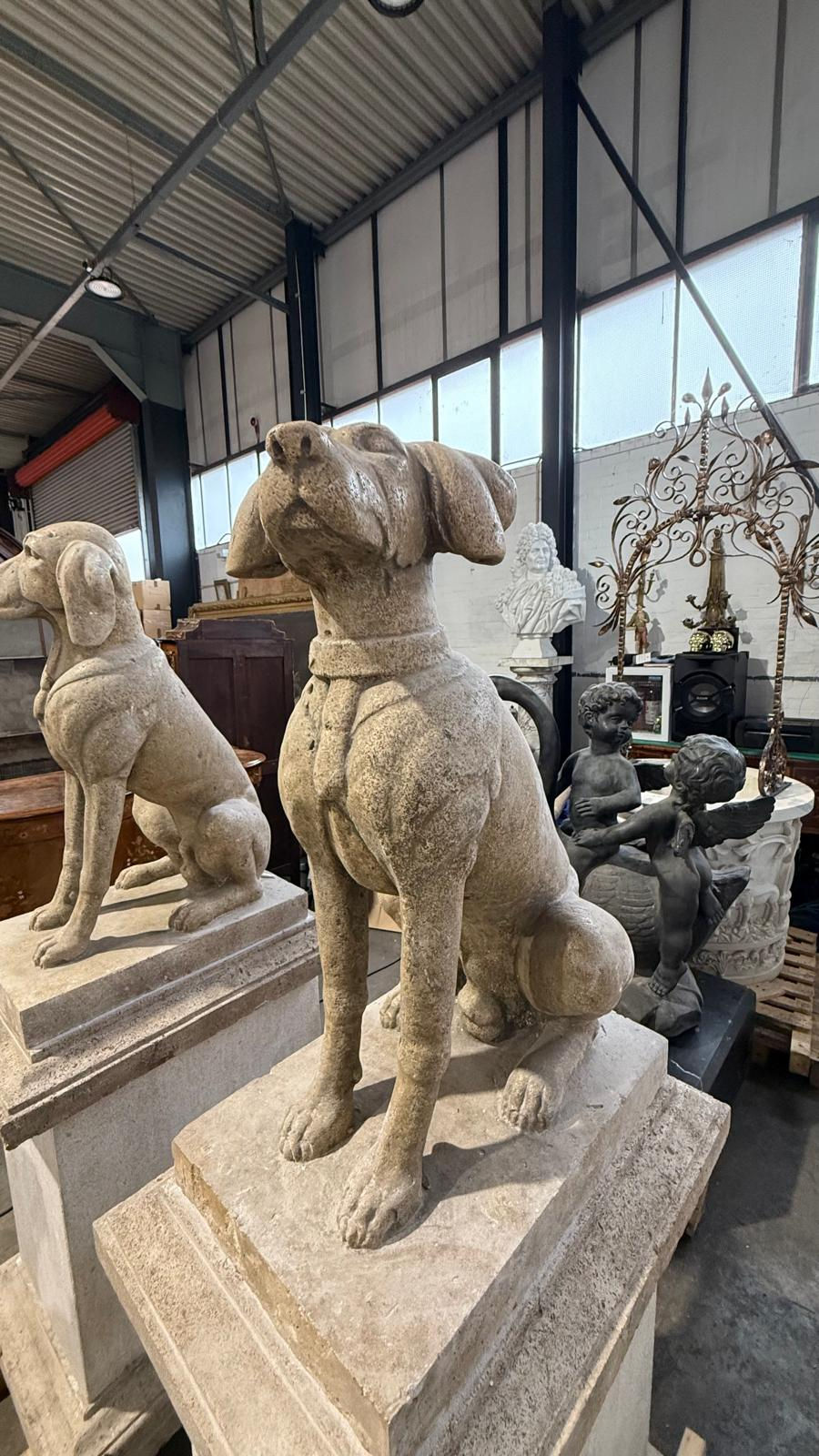 Thumbnail: Pair of Hand-Carved Stone Dogs on Plinths – 20th Century