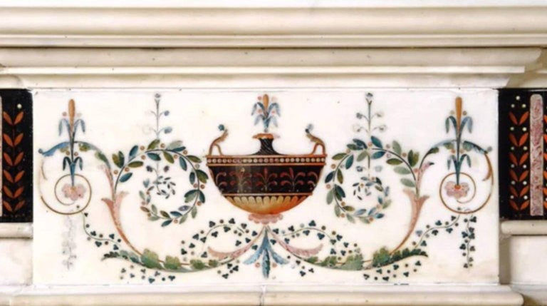 Thumbnail: 18th Century Bossi Hand-Carved Statuary Marble Fireplace with Scagliola Inlay