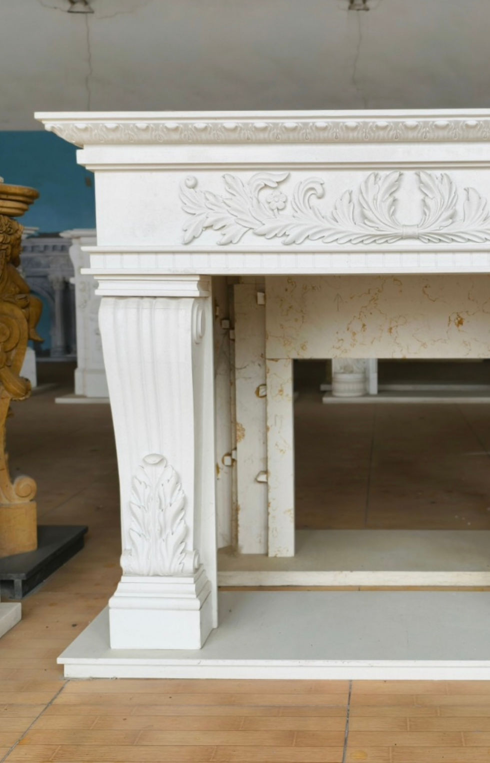 Thumbnail: Refined Neoclassical Hand-Carved White Marble Composite Fireplace Mantle