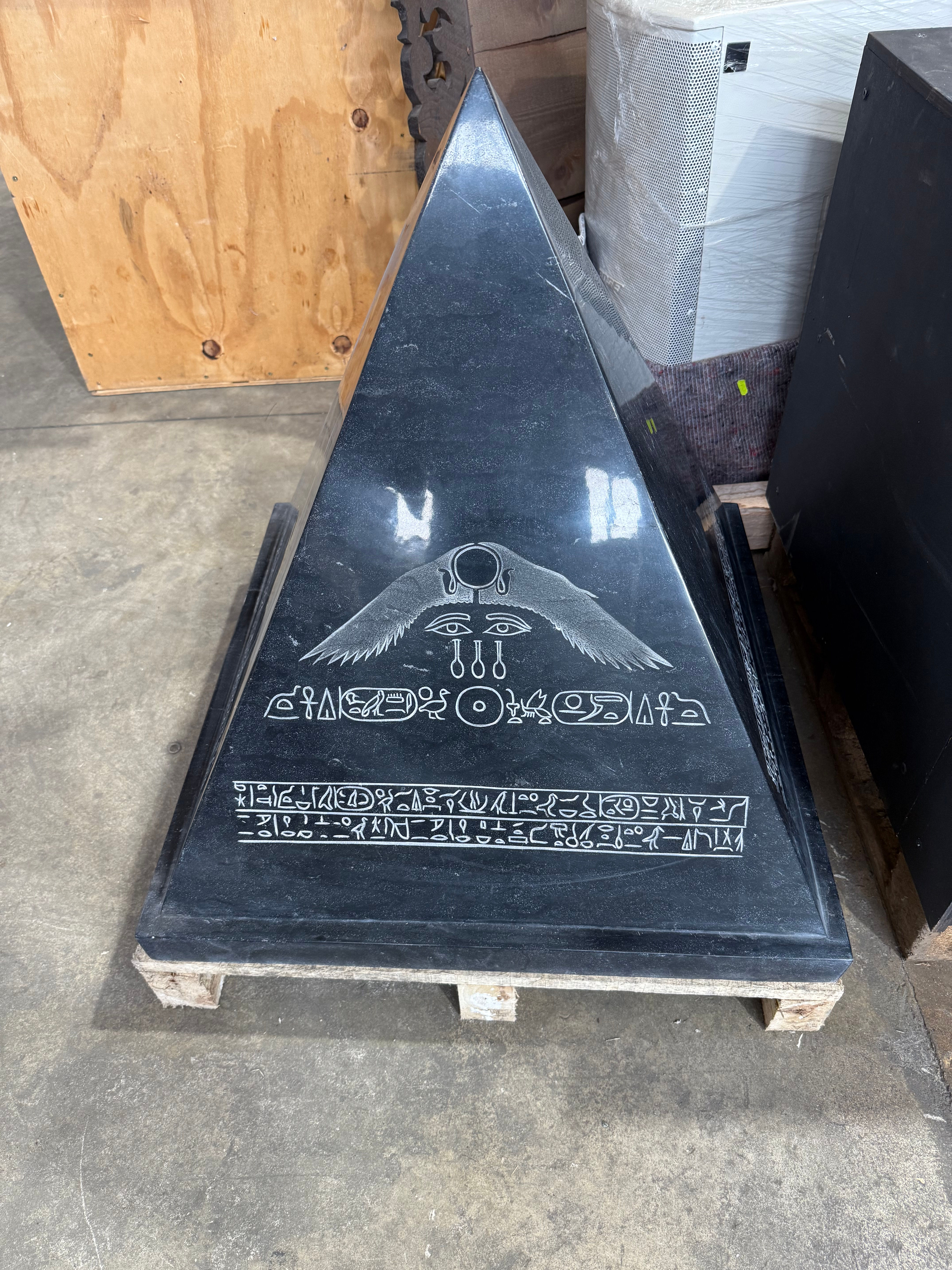 Black Granite Egyptian Revival Pyramid Sculpture with Engraved Hieroglyphic
