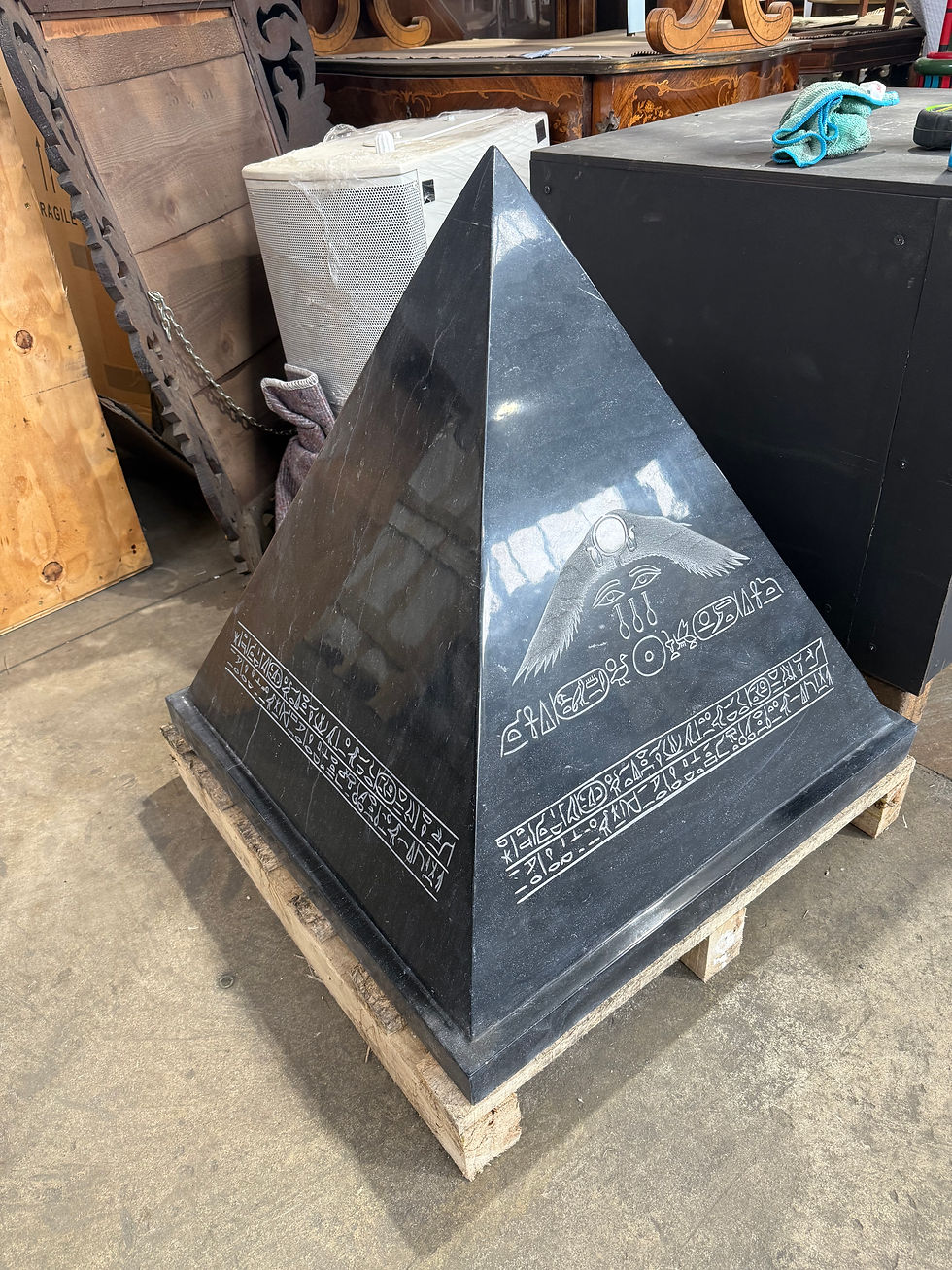 Thumbnail: Black Granite Egyptian Revival Pyramid Sculpture with Engraved Hieroglyphic
