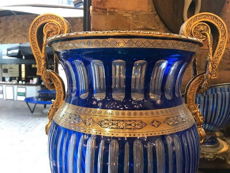 Thumbnail: Pair of 20th Century Blue Bohemian Crystal Urns