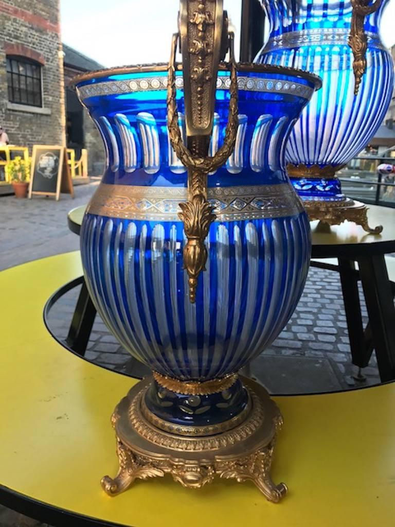 Thumbnail: Pair of 20th Century Blue Bohemian Crystal Urns