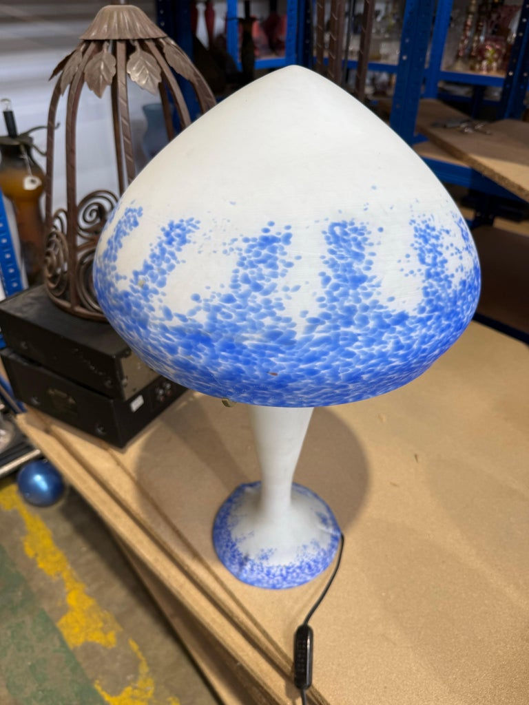 Thumbnail: French Art Nouveau Style Acid-Etched Glass Table Lamp in White and Blue