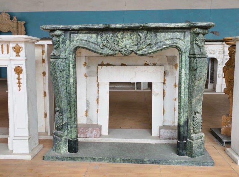 Thumbnail: Rare Hand-Carved Green Marble Fireplace Mantle with Shell and Foliate Motif