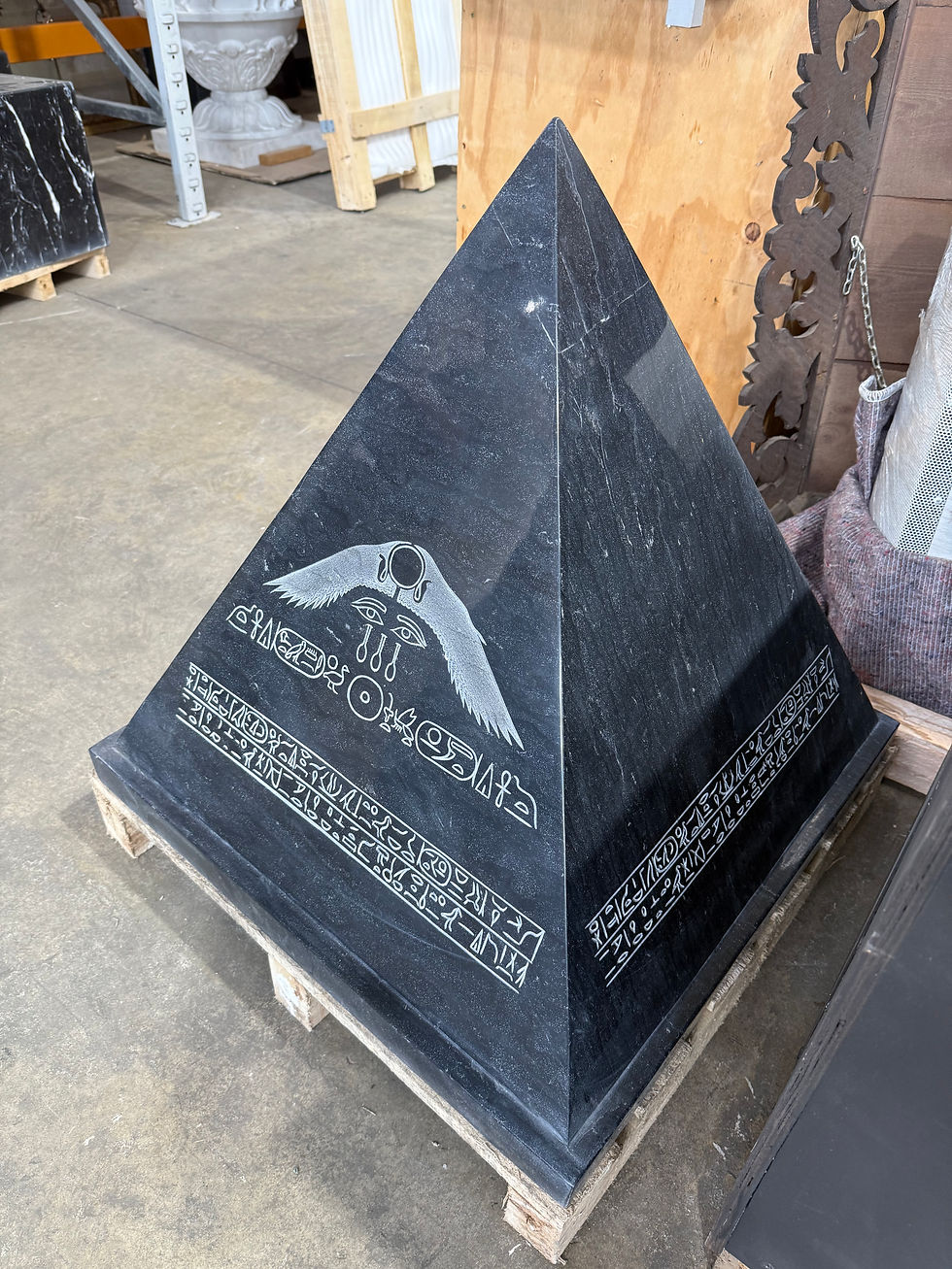 Thumbnail: Black Granite Egyptian Revival Pyramid Sculpture with Engraved Hieroglyphic
