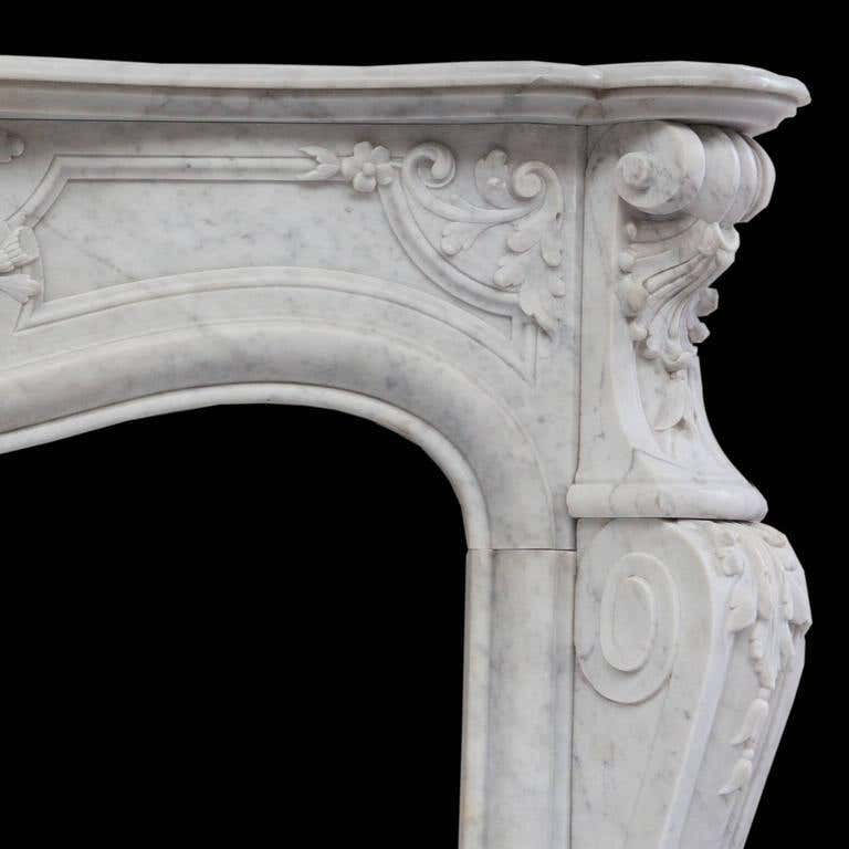Thumbnail: 19th Century Rich Sculpted Louis XVI White Carrara Marble Fireplace Mantel