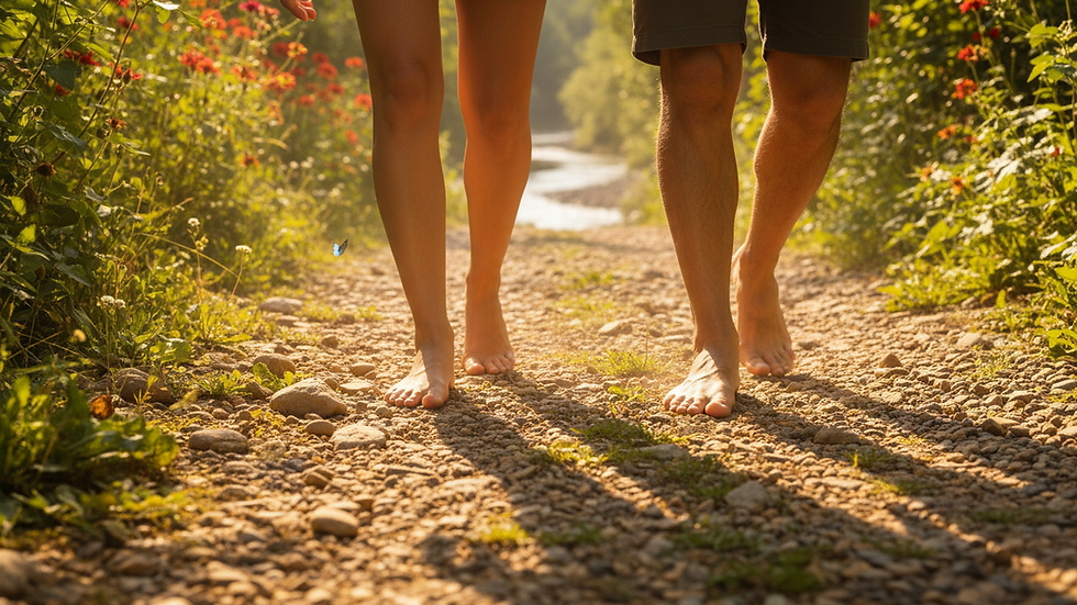 Close-up view of two pairs of feet walking side by side on a gravel path