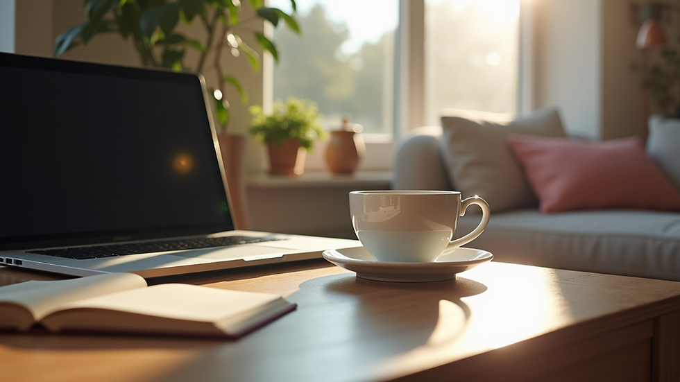 Eye-level view of a cozy home workspace with a laptop and a cup of tea
