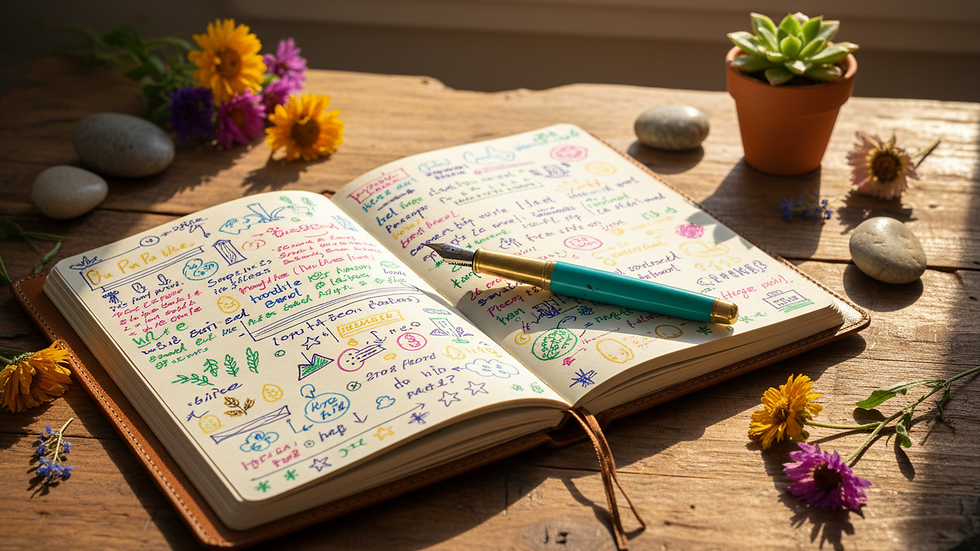 Close-up view of a notebook with handwritten notes and a pen on a wooden desk