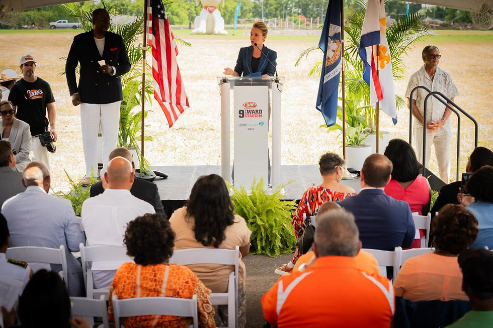 New Orleans Mayor Helena Moreno on stage during the Raising Cane's Stadium groundbreaking ceremony in New Orleans' Ninth Ward. (June 22, 2026; Photo from The City of New Orleans)