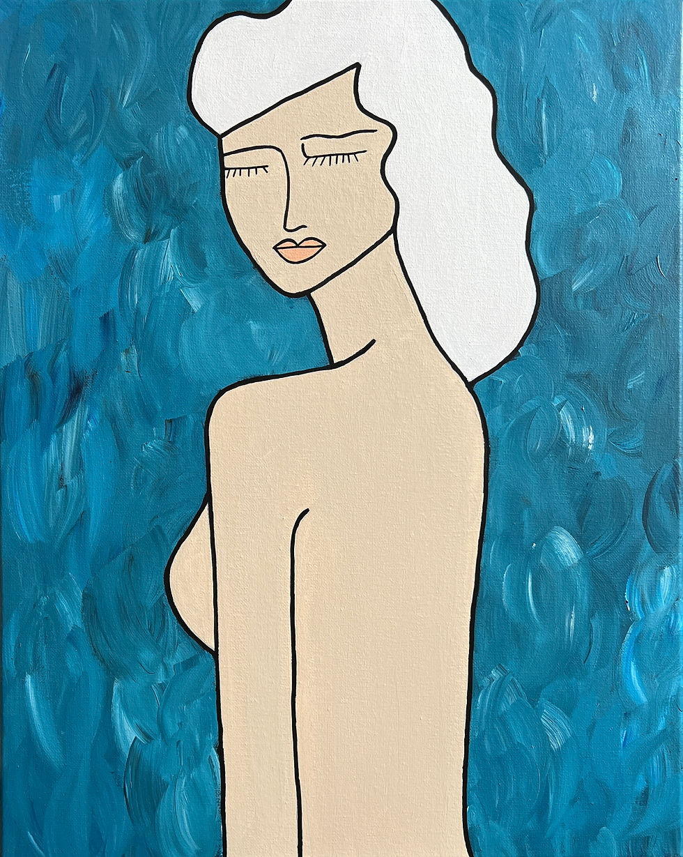 Stylized painting of a woman with white hair and closed eyes, against a textured, painterly teal blue background