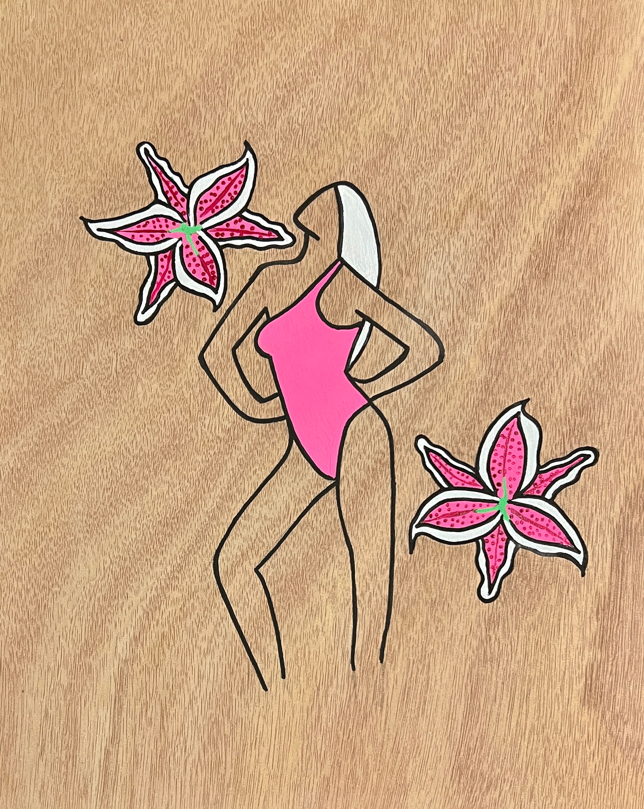 Minimalist painting of a woman in a pink swimsuit with white hair, posing between two pink lilies on wood.