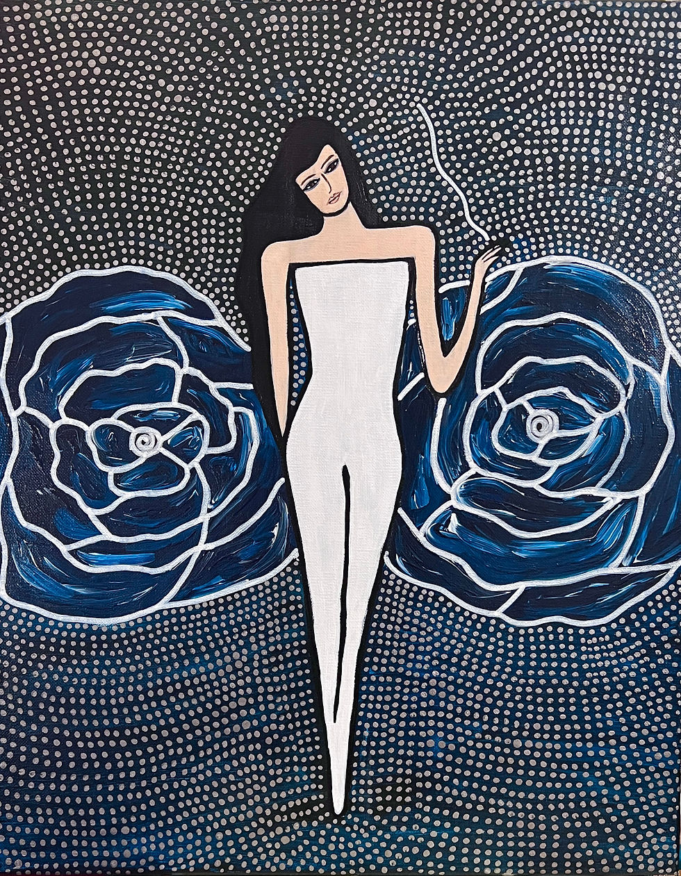 A woman in a white jumpsuit stands between two large blue roses, smoking, against a blue background textured with silver dots