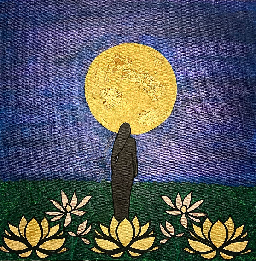 A silhouette of a woman stands in a field of gold lotuses, gazing at a large, textured gold moon