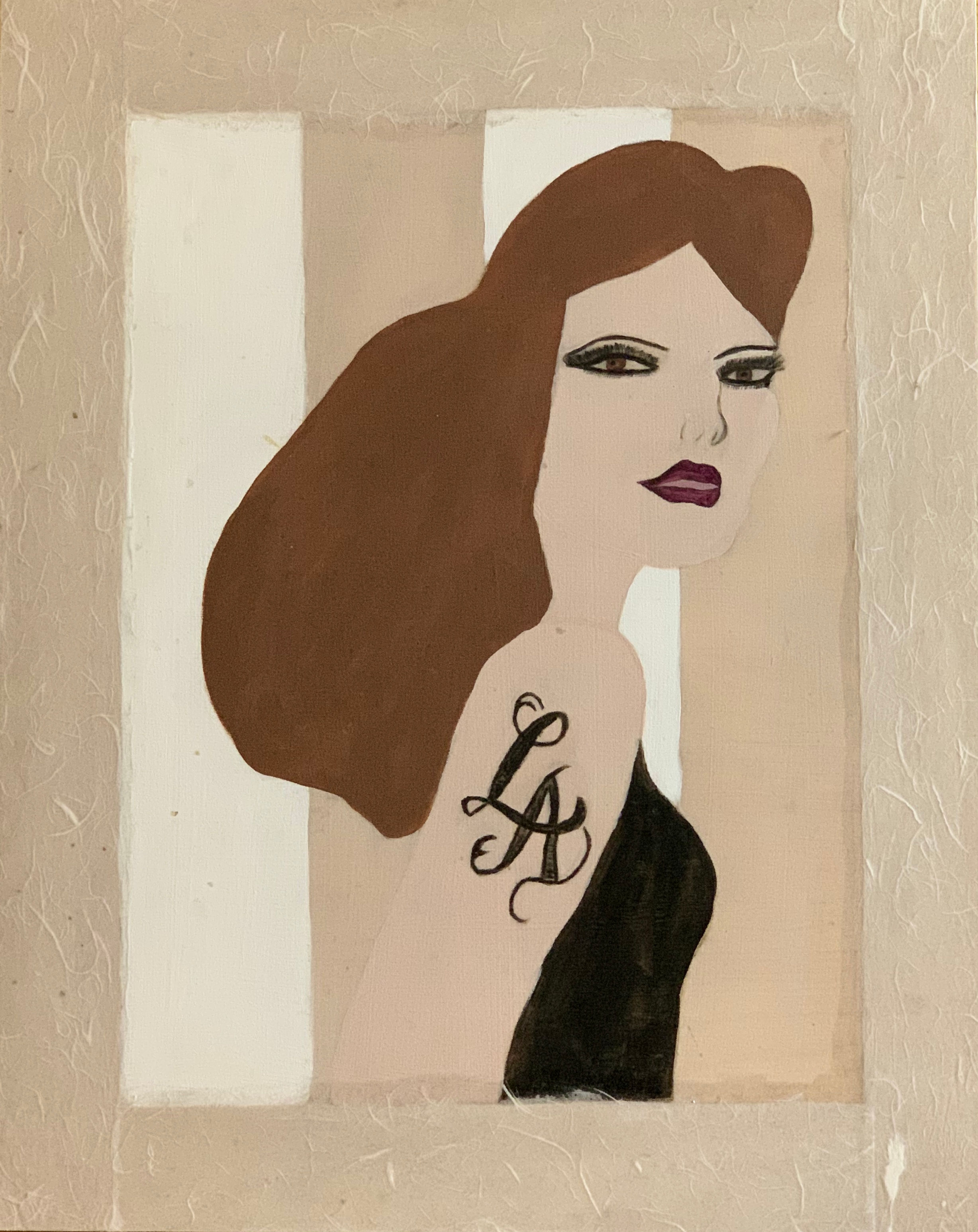 Side profile of a woman with brown hair and a "LA" tattoo on her shoulder against a neutral striped background