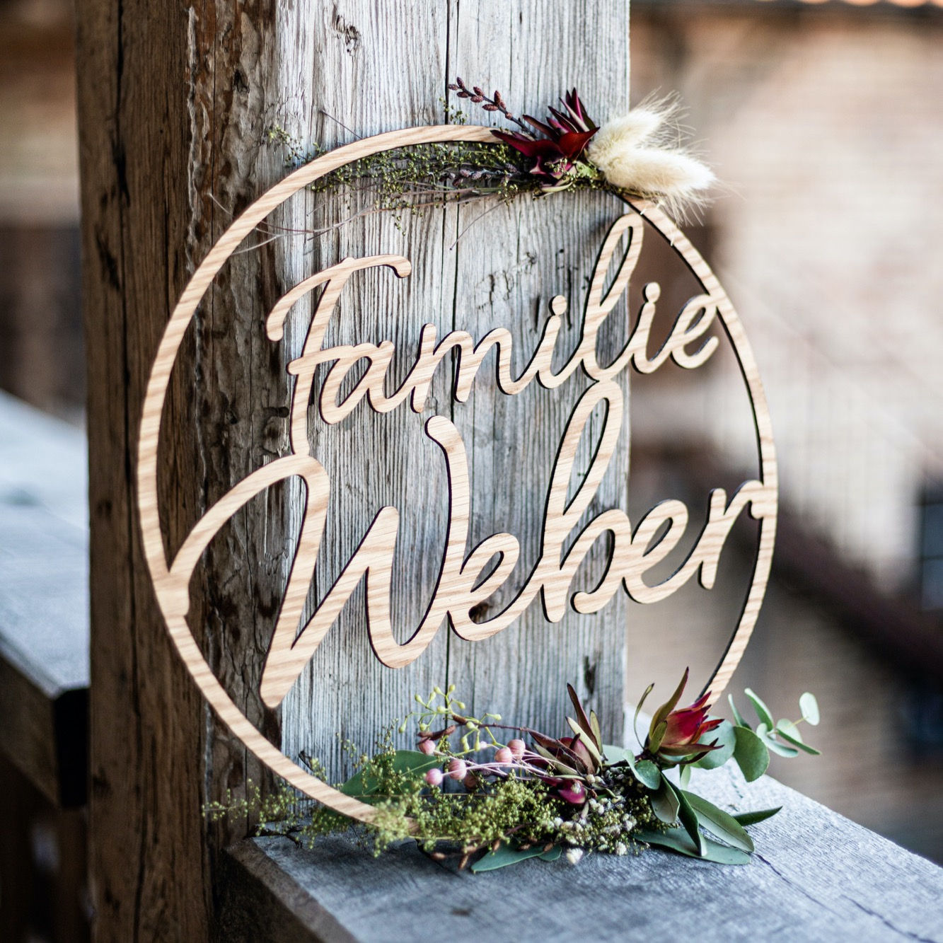 Wandkranz Namensschild Trockenblumen Eiche Name Familie Holz