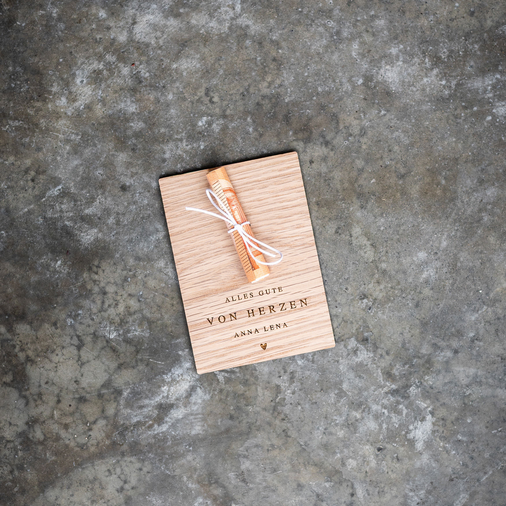 Holzkarte Gravur Geldgeschenk Herz Anlass Geld schenken Name Personalisiert