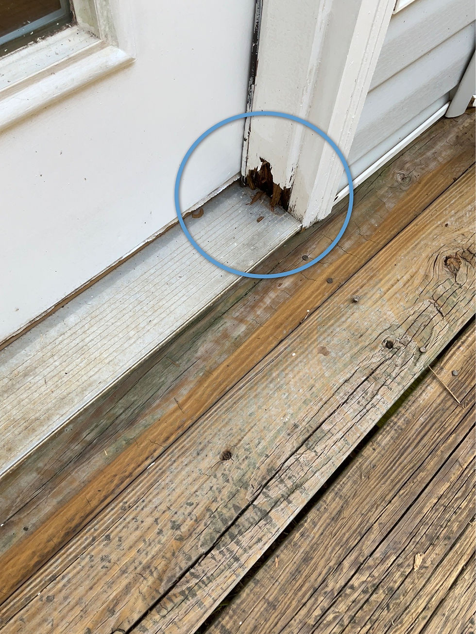 Blue circle highlights rotting white door frame beside a weathered wooden deck, showing exterior water damage.
