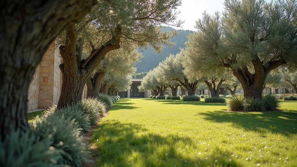 Eye-level view of a peaceful retreat garden with olive trees and wild herbs